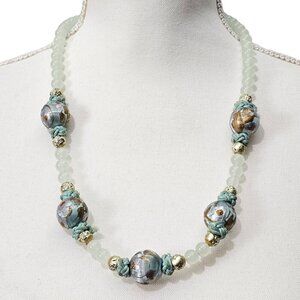 Vintage Agate Silk-wrapped Beaded Floral Gold Tone Single Strand Necklace